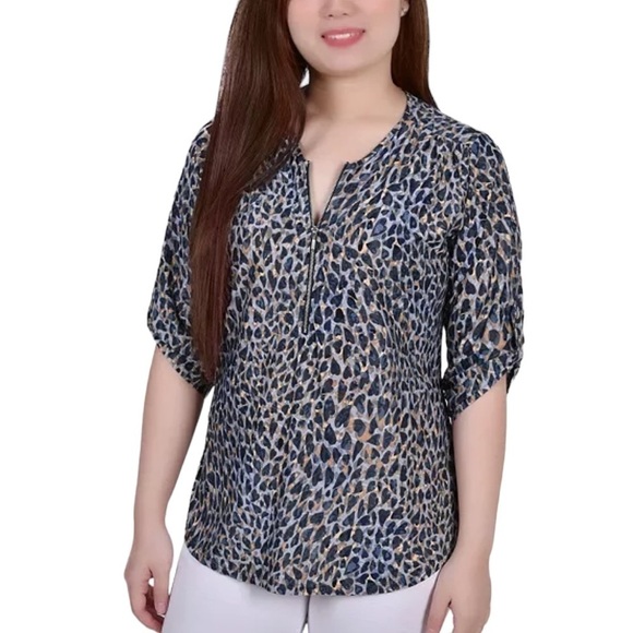 NY Collection Roll Tab Zip Front Jacquard Knit Top Size 2X - Picture 1 of 17